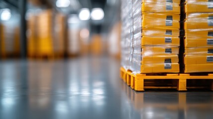 A stack of yellow pallets is organized neatly in a modern warehouse with a blurred background, highlighting logistics and inventory management concepts.