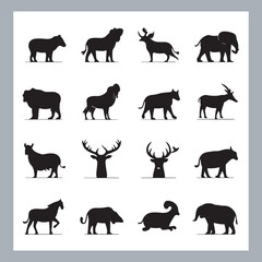 Set of silhouette logotype icons animal Lion, Elephant, Tiger, Giraffe, Kangaroo, Panda, Gorilla, dolphin, cat, deer, Polar Bear, Zebra, fox in white background