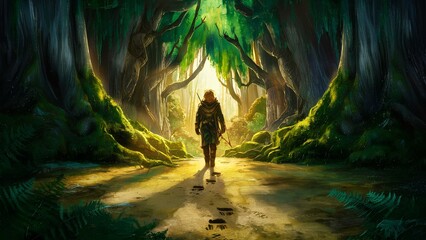 Obraz premium Lone Adventurer Walking Through Sunlit Enchanted Forest Path, Surrounded by Majestic Trees and Lush Greenery, Mysterious Journey into the Heart of a Magical and Ancient Woodland