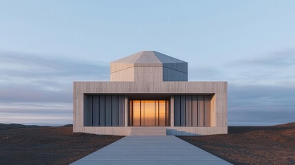 Obraz premium A brutalist style observatory with sharp, angular lines and a monolithic concrete structure, Neo Brutalism, observatory, monolithic