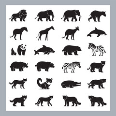 Set of silhouette logotype icons animal Lion, Elephant, Tiger, Giraffe, Kangaroo, Panda, Gorilla, dolphin, cat, deer, Polar Bear, Zebra, fox in white background
