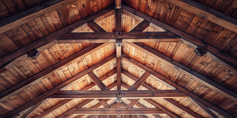 Elegant Wood Beams: A high contrast photo of a wooden ceiling adorned with decorative beams, creating a warm and inviting ambiance.