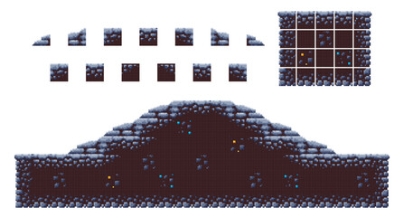 Set of stone pixel frt tiles for mountain terrain, underground cave, : elements of stone environment and ore veins for game assets © LittleSmith