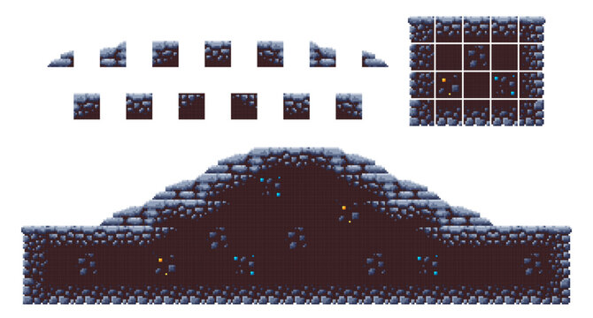 Set of stone pixel frt tiles for mountain terrain, underground cave, : elements of stone environment and ore veins for game assets