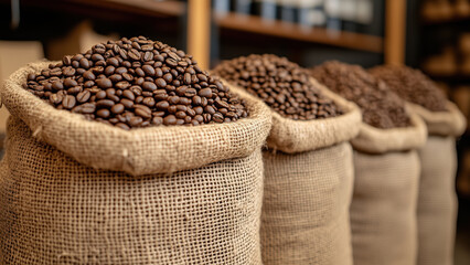 Obraz premium Burlap Sacks Filled with Freshly Roasted Coffee Beans in a Rustic Setting
