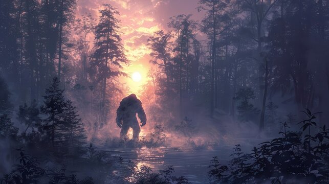 mysterious bigfoot sighting elusive creature emerges from shadowy forest at twilight digital painting