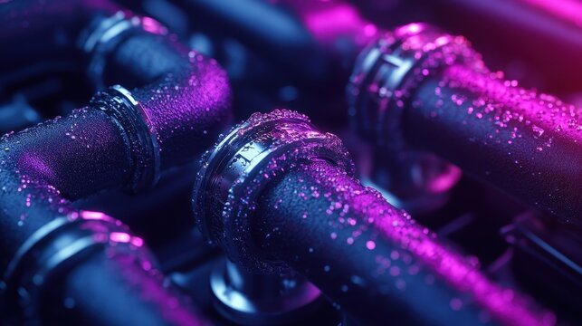 Purple pipes with water droplets in a vividly lit industrial setting create an atmosphere of efficiency and high performance in modern industrial applications.