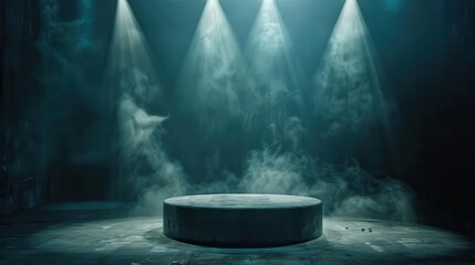 mysterious dark stage dramatic fog swirling around sleek stone podium dim spotlights creating ambient glow evoking theatrical atmosphere