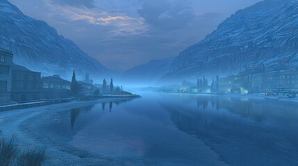 Obraz premium Surrounded by snow-capped mountains, a large body of water lies at the center of a quaint town, complete with a towering clock tower