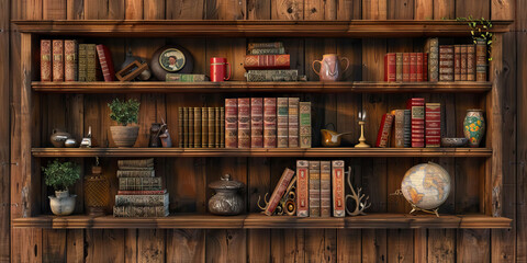 Vintage Wooden Shelves: A rustic wooden shelf filled with books and decorative objects, evoking a sense of history and coziness.