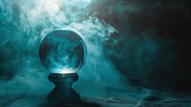 mysterious crystal ball emanating wisps of ethereal smoke set against a shadowy backdrop soft otherworldly glow hints at mystical visions and untold prophecies