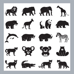 Obraz premium Set of silhouette logotype icons animal Lion, Elephant, Tiger, Giraffe, Kangaroo, Panda, Gorilla, dolphin, cat, deer, Polar Bear, Zebra, fox in white background