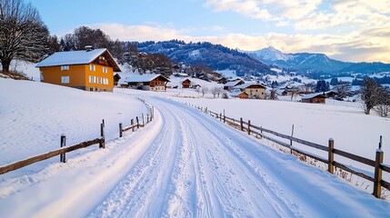 Naklejka premium Snowy Road Through a Swiss Village.