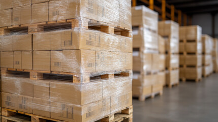 Stack Package Boxes Wrapped Plastic on Pallets at Distribution Warehouse 