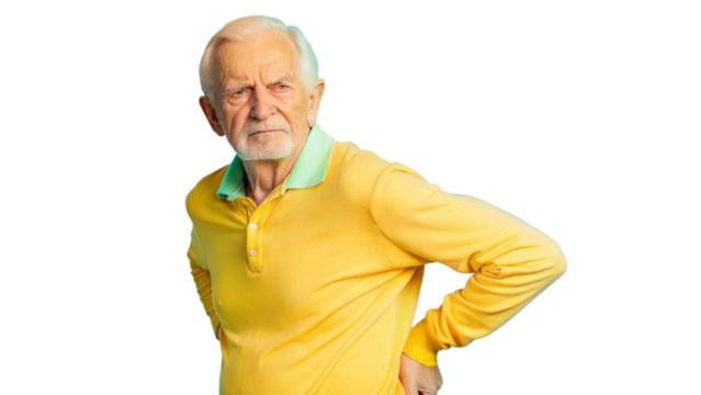Elderly Man in Yellow Sweater With Back Pain