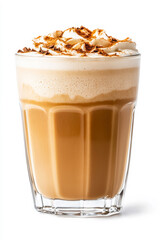 Tall pumpkin spice latte in a transparent glass with layers of creamy foam and cinnamon sprinkles on a clean white background isolated with soft shadows 
