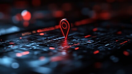 A digital map interface featuring a glowing red location pin on a complex circuit board background, symbolizing technology, connectivity, and navigation in a futuristic context.