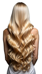 Fototapeta premium A woman with long, wavy hair, seen from the back.