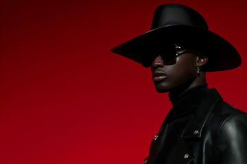 Man wearing hat and sunglasses with dark leather jacket. Fashion portrait with modern stylish outfit. Style and elegance.