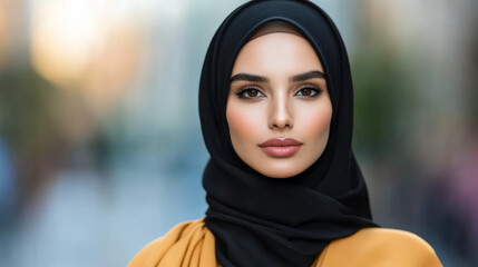 Trendy Arabian woman in a contemporary abaya with an ombré effect paired with modern accessories and a structured headscarf modern cultural fashion 