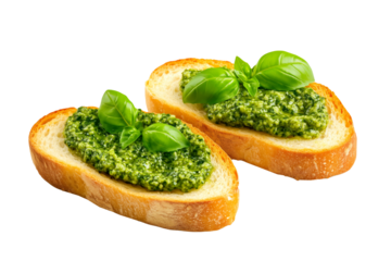 Slice of bread topped with fresh green pesto sauce and basil leaves, isolated on white transparent background. Concept of healthy food and culinary
