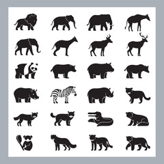 Set of silhouette logotype icons animal Lion, Elephant, Tiger, Giraffe, Kangaroo, Panda, Gorilla, dolphin, cat, deer, Polar Bear, Zebra, fox in white background