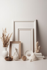generated illustration of vase and  white frame mockup on wooden bench
