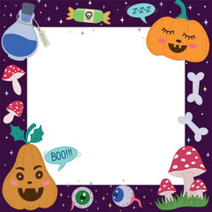 Halloween photo frame with pumpkins, spiders, eyes, potion and fly agarics.A Halloween frame. Decorated Halloween background frame. Vector illustration for postcards, banners and posters, discounts