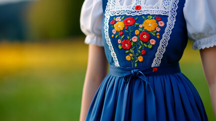 Vibrant close-up of traditional Bavarian dirndl dress with intricate embroidery lace apron and floral patterns bright colors representing Oktoberfest fashion against a festive outdoor setting 