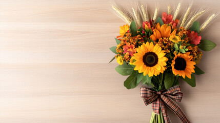 Vibrant Thanksgiving floral bouquet arrangement with sunflowers, wheat stalks, and autumn leaves tied with a plaid ribbon perfect as a thoughtful seasonal gift 