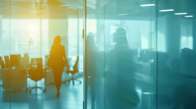 modern office space viewed through frosted glass silhouettes of professionals at work create an air of productivity cool tones and blurred edges convey corporate sophistication