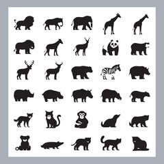 Set of silhouette logotype icons animal Lion, Elephant, Tiger, Giraffe, Kangaroo, Panda, Gorilla, dolphin, cat, deer, Polar Bear, Zebra, fox in white background