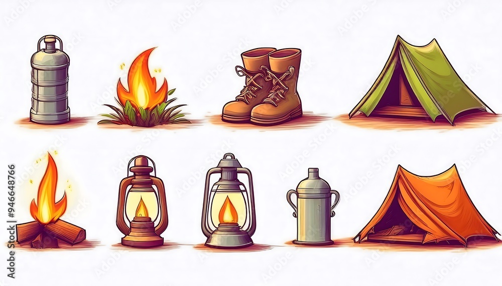 Wall mural pixelated retro camping icons set - 16-bit pixel art sprites for camping-themed icons - tent, campfi