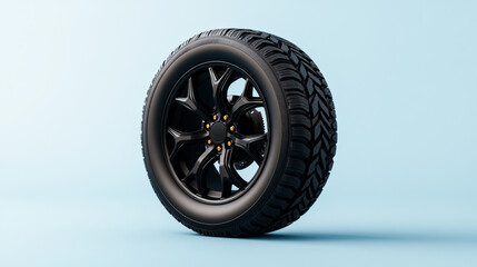Obraz premium Winter tire with a matte black finish and snowflake emblem isolated on a gradient background transitioning from frosty gray to dark blue sharp and modern design for high-performance winter driving 