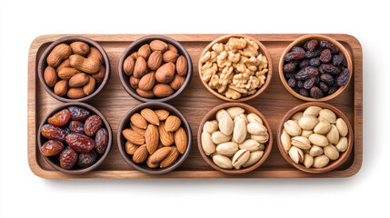 Wooden serving tray with bowls of dates nuts and dried fruits arranged neatly isolated on a white background representing Ramadan iftar traditional snack options 