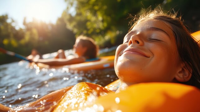 Two children are floating on inflatables in a calm body of water during a sunny summer day, reflecting a peaceful and carefree moment of relaxation and joy.