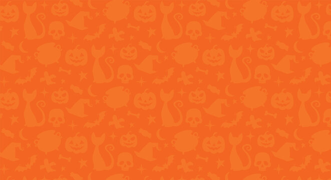 Halloween seamless background with  pumpkin, cats, bats, witch brew, candy. Good for textile fabric design, wrapping paper, website wallpapers, textile, wallpaper and apparel. Vector illustration.
