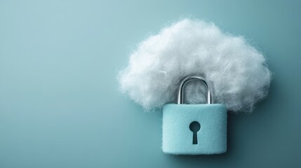 An image of a silver padlock integrated into a fluffy artificial cloud, set against a blue background, symbolizing cloud security and protection.