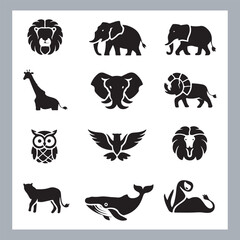 Set of silhouette logotype icons animal Lion, Elephant, Tiger, Giraffe, Kangaroo, Panda, Gorilla, dolphin, cat, deer, Polar Bear, Zebra, fox in white background