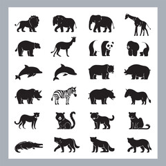 Set of silhouette logotype icons animal Lion, Elephant, Tiger, Giraffe, Kangaroo, Panda, Gorilla, dolphin, cat, deer, Polar Bear, Zebra, fox in white background