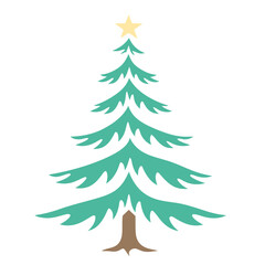 A green Christmas tree with a yellow star on top, set against a white background
