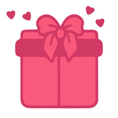 A pink gift box with a bow and small pink hearts floating around it