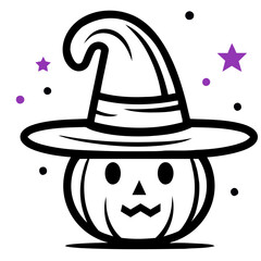 A black and white cartoon pumpkin wearing a witch hat with stars around it