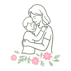 A young mother with long hair embracing her young child, surrounded by pink flowers