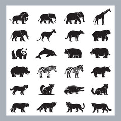 Set of silhouette logotype icons animal Lion, Elephant, Tiger, Giraffe, Kangaroo, Panda, Gorilla, dolphin, cat, deer, Polar Bear, Zebra, fox in white background