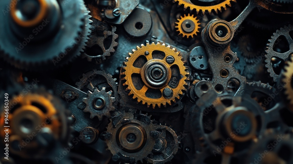 Poster Close-up of Interlocking Gears in a Complex Machine