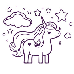 A unicorn with a horn and flowing mane, surrounded by stars and a cloud against a light background