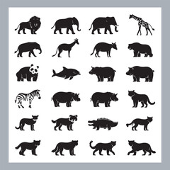 Set of silhouette logotype icons animal Lion, Elephant, Tiger, Giraffe, Kangaroo, Panda, Gorilla, dolphin, cat, deer, Polar Bear, Zebra, fox in white background