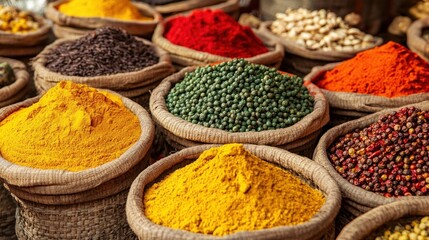 Fototapeta premium Colorful Spices in Rustic Baskets at an Indian Market