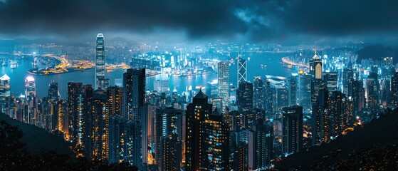 Nighttime View of Hong Kong's Skyline with Illuminated Buildings and a Harbor